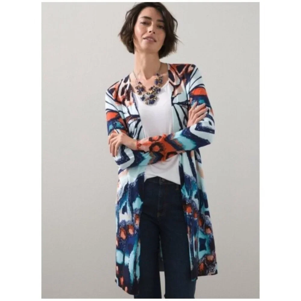 Chicos Open-Front Butterfly Print Long Cardigan Sweater S‎ - Picture 2 of 13